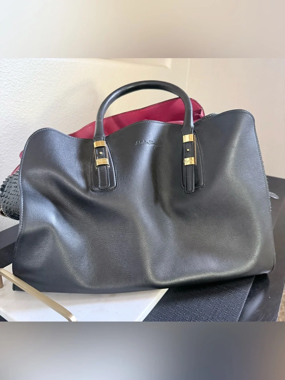 Authentic Salvatore Ferragamo Vintage Black Embossed Leather Large Bag